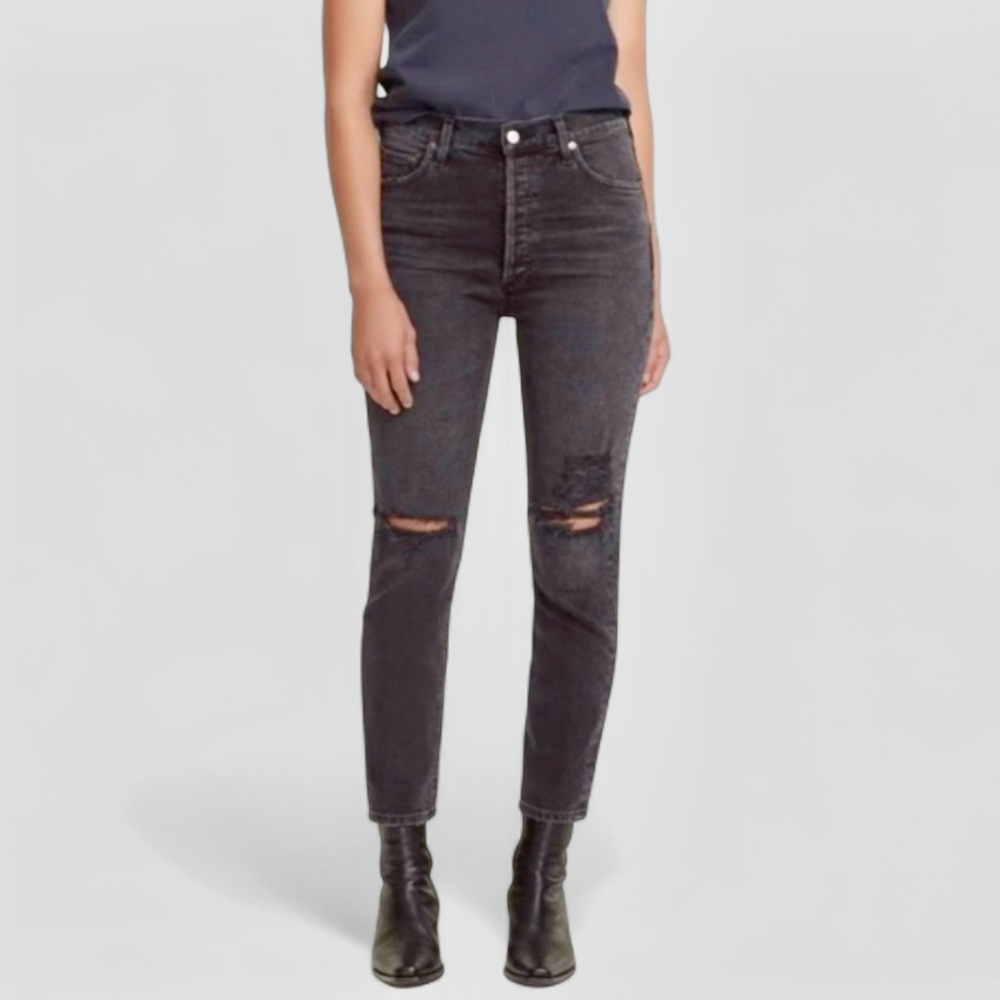 Agolde Nico High Rise Black Distressed Skinny Cropped Jeans. Women’s Size 26